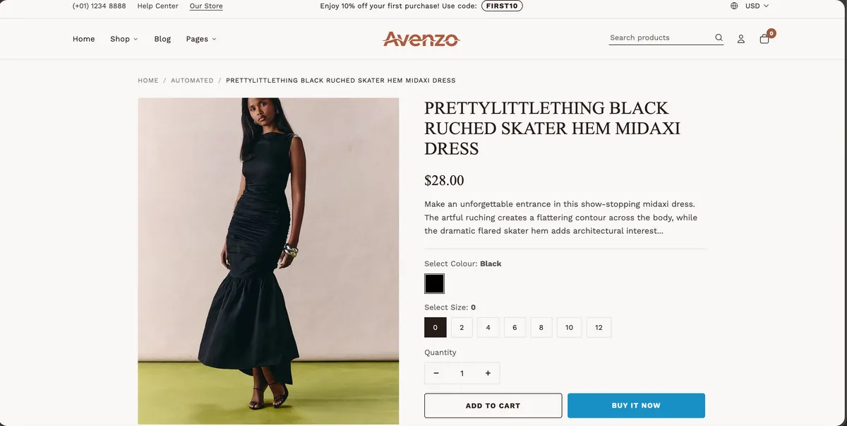 Avenzo product detail page