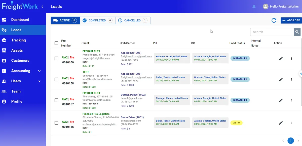FreightWorkTMS asset and driver management screen